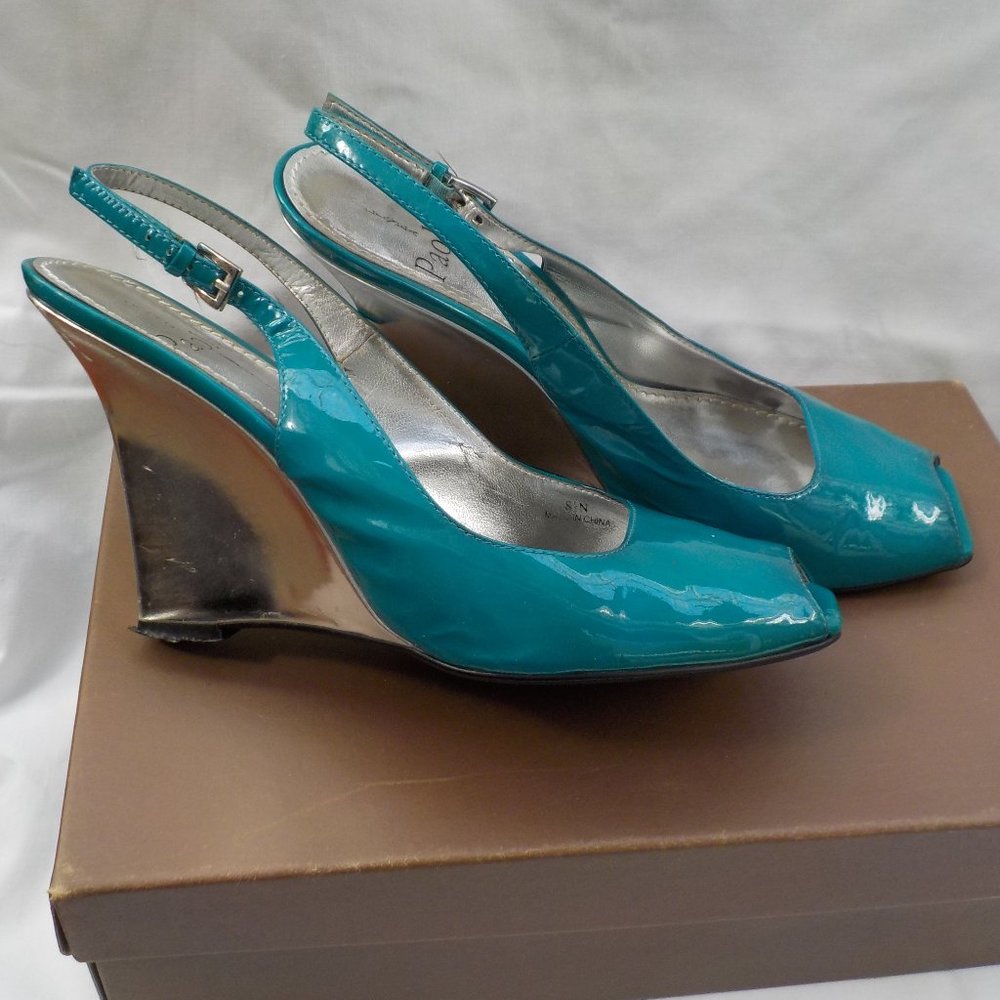 Gorgeous Linea Paolo Peep-toe Wedge Sandals Turquoise and Silver SZ 8/ 8.5 N/M - Picture 6 of 16